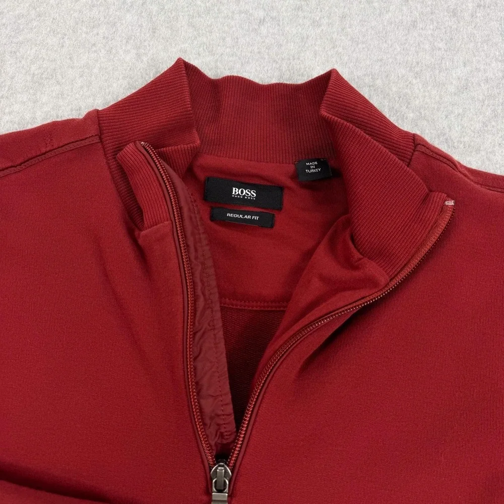BOSS Hugo Boss Sweatshirt Mens Medium Red 1/4 Zip Mock Neck Pullover Jersey
